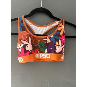 PSD Playboy Floral Sports Bra Womens Small Orange Brown Racerback Bralette Bunny